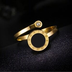 Gold Roman Numeral No Tarnish Bypass Adjustable Ring Black Inlay Crystal Accent